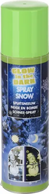 A spray can of glow-in-the-dark snow spray with festive winter imagery.