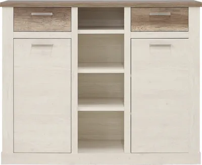 Produktbild von Highboard "Duro" aus Holzwerkstoff in Pinia Weiss kombiniert mit Eiche Antik mit 2 Schubladen und 2 Türen. Abmessungen (BxHxT) 159,6x128,3x41,5 cm
