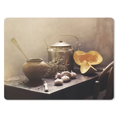 Produktbild von MuchoWow® Mauspad Mousepad Stilleben - Kürbis - Knoblauch - Pfanne - Tisch 23x19 cm - Mousepads - Maus Mat - Pad - Mausunterlage - Schreibtischunterlage - Mauspad