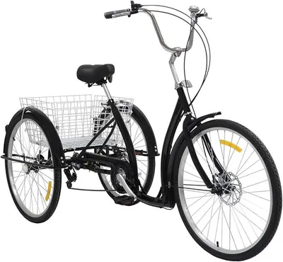 Produktbild von 26 Zoll Dreirad für Erwachsene mit 6-Gang Schaltung, Einkaufskorb und Rückenlehne,3 Räder Fahrrad, 120kg Belastbar, Höhenverstellbar, Schwarz