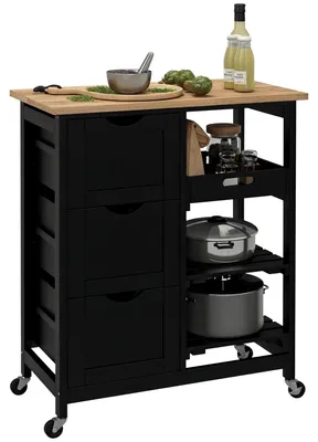 Image de Chariot de cuisine - Chariot de service - Avec roulettes - 3 tiroirs - 2 étagères ouvertes - Plateau amovible - Bois - 67 × 37 × 85,5 cm - Noir