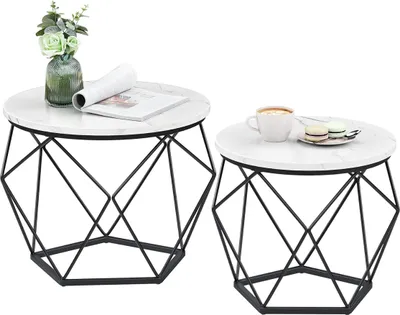 Produktbild von Relaxdays Couchtisch, 2er Set, Marmoroptik & Metall, Vintage-Design, runde Beistelltische, Wohnzimmer, weiß/schwarz