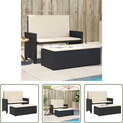 Zdjęcie produktu dla The Living Store Ławka ogrodowa z poduszkami i stołkiem z czarnego polirattanu