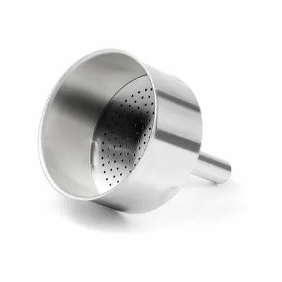 A stainless steel funnel with perforations, shown against a white background.