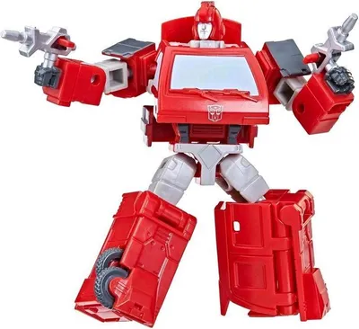 A red and gray robot toy is shown in a dynamic pose against a white background.