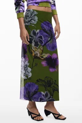 Produktbild von Grüner langer Damenrock mit Tüllblumen & Kontrastdetails