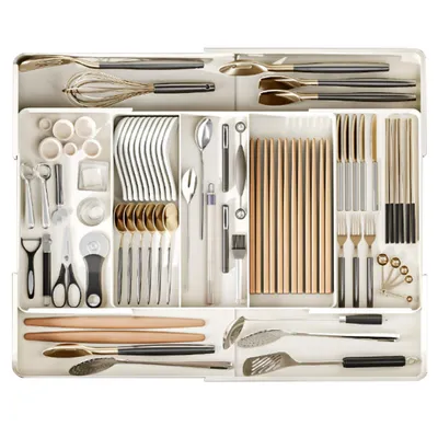 Produktbild von Besteckkasten, Besteckeinsatz, Schubladeneinsatz ausziehbar, 5-7 Fächer, Kunststoff Besteckhalter(27-51 cm), für Schubladen Organizer, weiß