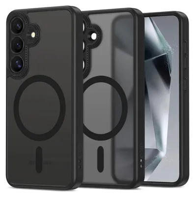 Three phone cases are displayed side-by-side against a black background. The cases are transparent with black frames and feature a circular magnetic ring on the back.