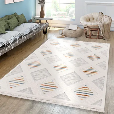 Produktbild von TT Home Wohnzimmer Teppich Kurzflor Geometrisches Design Fransen Modern Boho Design Größe 80x150 cm