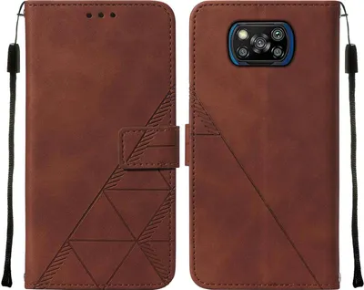 A brown leather flip case for a Xiaomi Poco X3 NFC phone, shown open and closed.