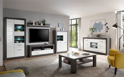 Produktbild von Wohnzimmer Etero - Weiß Hochglanz Dark Concret mit Glasbodenbeleuchtung