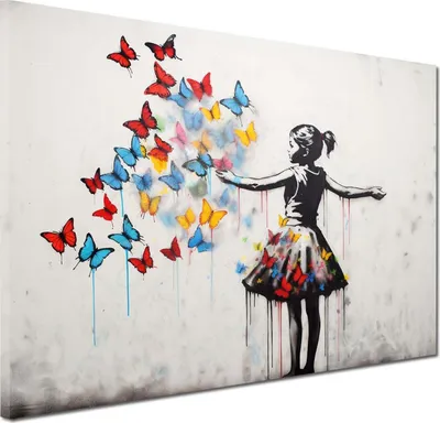 Produktbild von Schmetterlinge Mädchen Street Art Wandbild Leinwandbild Kunstdruck XL Wanddeko: 120x80x4cm