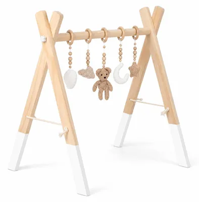 Produktbild von Zayno®  Baby Gym Holz-Spielbogen mit 5 Spielelementen – Natur/Weiß, KI-generiertes Bild