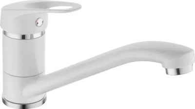 A white kitchen faucet with silver accents is shown against a white background.