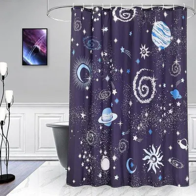 Imagen del producto de Cortina de ducha Unyqoos® con estampado de estrellas, 180x200 cm – 100% poliéster, repelente al agua y resistente al moho, 12 ojales de acero inoxidable + 12 ganchos