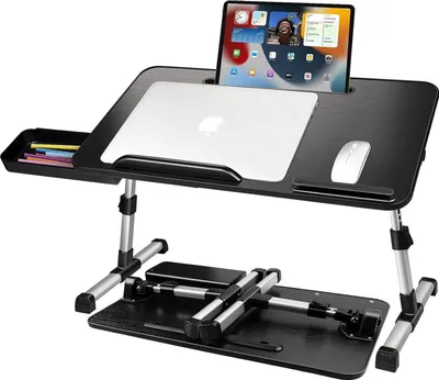 Image de Table de lit réglable en hauteur avec tiroir et support pour tablette, noir