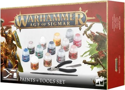 A product box for a Warhammer Age of Sigmar Paints + Tools Set, showing the contents and branding.