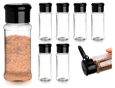 Produktbild von 6 Stück Gewürzbehälter aus Kunststoff, transparente Gewürzdosen mit Deckel (100 ml)