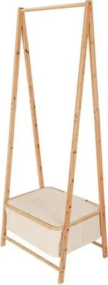 A bamboo clothes rack with a beige storage bin underneath, against a white background.