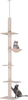 Image de Arbre à chat - sol-plafond - Réglable 230-260 cm - 5 niveaux - Colonnes à griffer en sisal - Peluche & panneau de particules - Beige