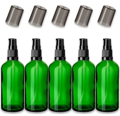 Produktbild von 5x Grüne Glasflasche 100 ml mit schwarzer Pumpe Dispenserpumpe leer