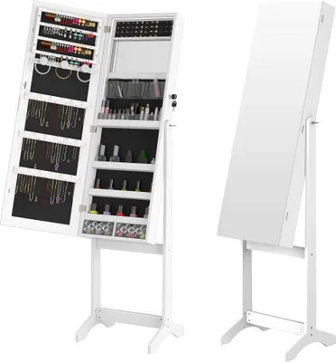 Obrázek produktu pro UISEBRT Zrcadlová skříňka na šperky 2 v 1 s LED diodou a zámkem - bílé stojací zrcadlo s velurovou podšívkou, sklopné a uzamykatelné, organizér na šperky a kosmetiku