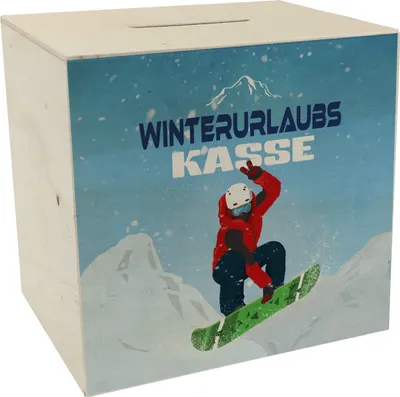 Produktbild von Winterurlaubskasse Spardose aus Holz mit coolem Snowboarder