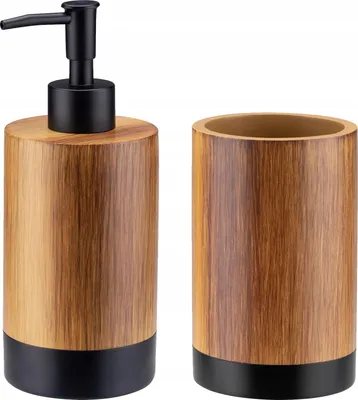 Image de Set de salle de bain - Distributeur de savon et gobelet à dents - 2 pièces - Aspect bois