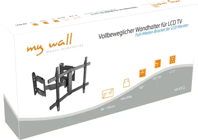 The image shows the packaging of a TV wall mount. The packaging has product images, brand logos, and feature descriptions printed on it.