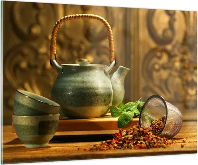 Produktbild von Bilder auf glas - Tee Kräuter Tassen Tradition - 100x70cm - Glasbilder - Wandbilder - Kunstdruck - zum Aufhängen bereit - Wanddekoration aus Glas - Glas Bilder - Wandbild auf Glas - GAA100x70-2628