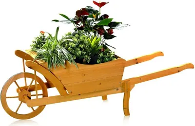 Image de Jardin Brouette à plantes Brouette en bois Brouette à fleurs Bac à fleurs jaune-brun