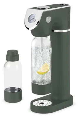 A carbonation machine with a bottle of sparkling water and a lemon slice, and an extra bottle.