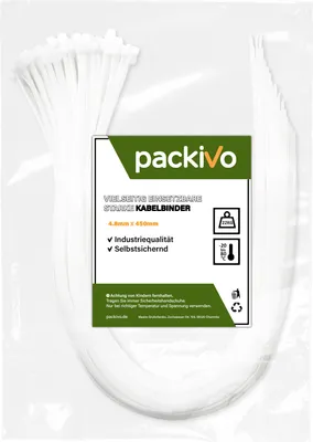 Produktbild von PACKIVO Profi Kabelbinder 4,8 x 450mm Weiss weiß extra starke lange Kabelbinder Industriequalität Zugfestigkeit 22Kg für Kabelmanagement, DIY