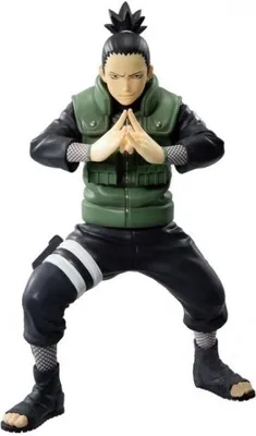 A full-body shot of a Naruto Shippuden action figure of Shikamaru Nara in a dynamic pose.