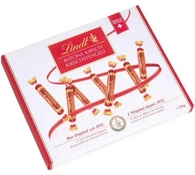 Produktbild von Lindt Kirschstängeli, 250 g, Milchschokolade, 419 kcal, 1755 kJ, 242 mm, 194 mm