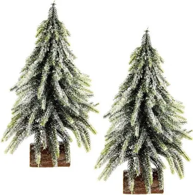 Image de Sapin artificiel miniature sur socle en bois avec de la neige - Lot de 2 - vert/blanc 15 x 15 x 25 cm