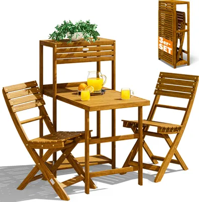 A wooden balcony furniture set with a table and two chairs, along with a storage unit, set against a white background.