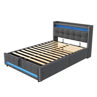 Produktbild von Flieks Polsterbett 140x200cm mit Ladefunktion (USB & Steckdose), Stauraumbett Boxspringbett mit Strauraum, Jugendbett Doppelbett mit LED, Leinen, Grau