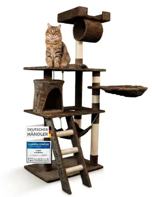 Produktbild von Foxdevil by xonic® Stabiler Kratzbaum für Katzen - Vielseitiger Katzenkratzbaum mit Aussichtsplattform, Hängematte, Kuschelhöhle, Spielkordel, Treppe – 141 cm Hoch – [ Braun V1]