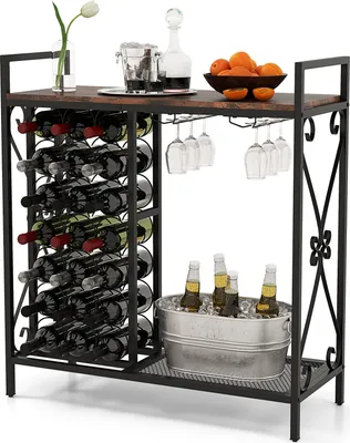 Produktbild von GOPLUS Weinregal für 21 Flaschen, Flaschenregal mit Weinglashalter für 6 Gläser & Gitterregal, freistehender Flaschenständer, Schwarz