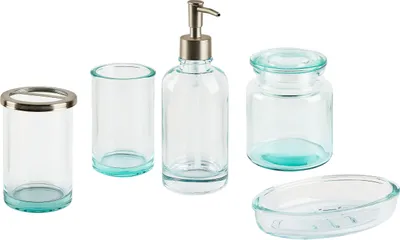 Produktbild von BELIANI 5-teiliges Badezimmer-Set aus Glas Mintgrün Seifenspender Seifenschale Zahnbürstenhalter Becher Moderner Stil Badzubehör für WC Toilette