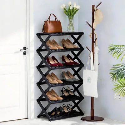 Bamboe-Schoenenrek 6-stufig, klappbar, schwarz, 50x26x113 cm