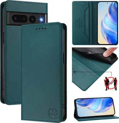 Collage of images showing a dark green flip wallet case for a Google Pixel 7 Pro phone, with close-ups of its features and a phone inside.
