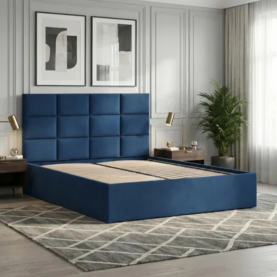Produktbild von Polsterbett 140x200 cm mit Lattenrost, stabiles Doppelbett mit dekorativem Kopfteil, ohne Bettkasten, Samt, Blau, Dunkelblau, YORK 140 x 200
