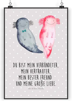 Produktbild von Mr. & Mrs. Panda Bild Axolotl Freundin DIN A3 - Grau Pastell - Geschenk, Valentinstag, Lurch, drucke, Plakat, Kunstdruck, Wandbild, wanddeko, Liebe