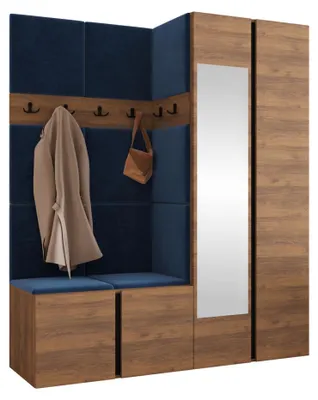 Produktbild von MIRJAN24 Garderoben-Set Orion XII, Garderobe mit Sitzbank mit 11 x Wandpanel 42x42 (Farbe: Nuss Warmia, Polo 891)