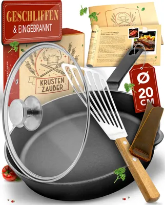Produktbild von KRUSTENZAUBER Gusseisenpfanne Induktion 20cm inkl. Deckel und Pfannenwender - Geschliffene Pfanne Gusseisen, Eisenpfanne, Gusspfanne