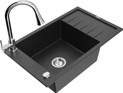 Produktbild von Mexen Elias 1 Becken-Granitspüle mit Abtropffläche und Mischbatterie Elia, Schwarz/Silbermetallic - 6511-73-670101-00