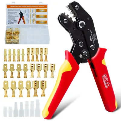 Produktbild von CCLIFE Crimpzange Flachsteckhülsen Crimper Crimpwerkzeuge Set mit Schutzhüllen | 0,5-2,5 mm² (AWG 20-13) | 300 stück Kabelstecker