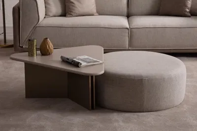 Produktbild von Beiger Wohnzimmer Set Designer Holz Couchtisch Polster Hocker 2tlg Set